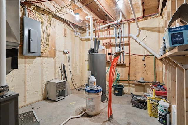 1009 W 1st St, Vinton, IA 52349 - unfinished basement with electric panel and gas water heater