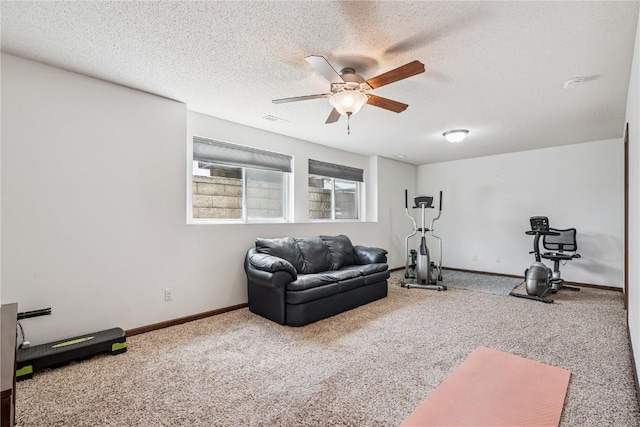 1019 Acacia Dr NE, Cedar Rapids, IA 52402 - exercise room with ceiling fan, carpet, and a textured ceiling