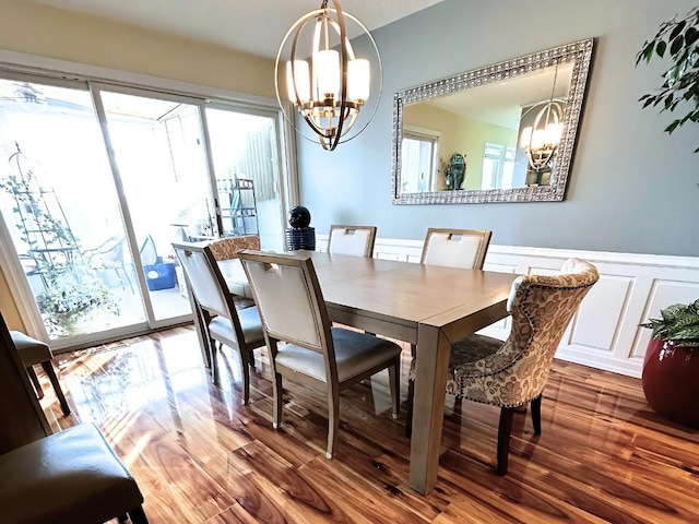 1580 Matterhorn Dr NE, Cedar Rapids, IA 52402 - dining area with a chandelier, wood finished floors, wainscoting, and a decorative wall