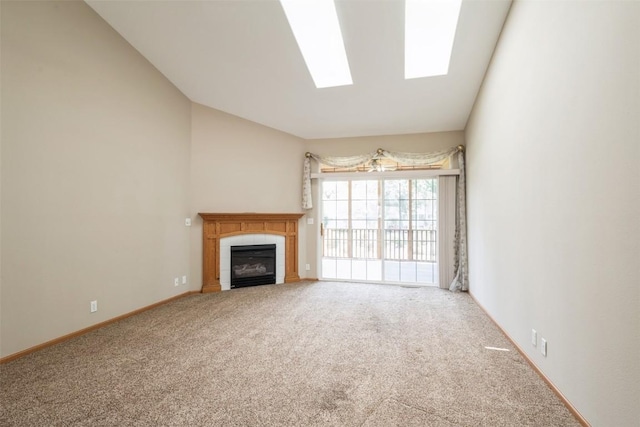 1641 Greens Way Ct, Cedar Rapids, IA 52402 - unfurnished living room featuring carpet flooring, a tile fireplace, a skylight, and lofted ceiling