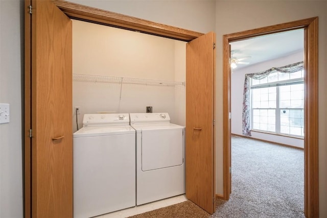 1641 Greens Way Ct, Cedar Rapids, IA 52402 - laundry room with washing machine and clothes dryer, light carpet, and ceiling fan