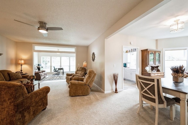 4405 Westchester Dr Unit B, Cedar Rapids, IA 52402 - living area featuring light carpet, ceiling fan, and a textured ceiling