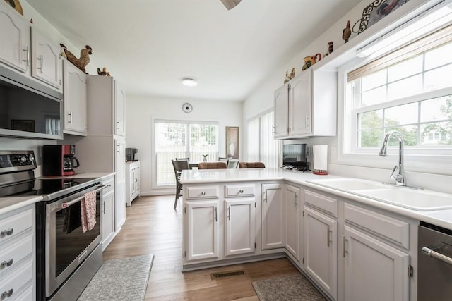 4405 Westchester Dr Unit B, Cedar Rapids, IA 52402 - kitchen featuring appliances with stainless steel finishes, healthy amount of natural light, a peninsula, and light wood-style flooring