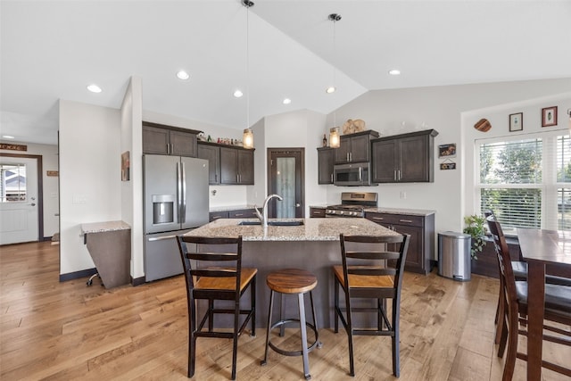 210 Northgate St NW, Shellsburg, IA 52332 - kitchen featuring stainless steel appliances, lofted ceiling, dark brown cabinets, light wood-style flooring, and healthy amount of natural light