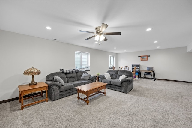 210 Northgate St NW, Shellsburg, IA 52332 - living room featuring recessed lighting, a ceiling fan, and carpet floors