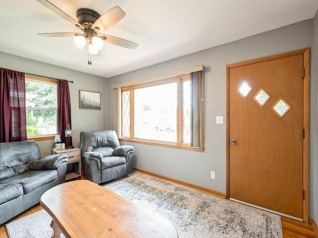 820 Hillview Dr, Marion, IA 52302 - living room with ceiling fan, wood finished floors, and a textured ceiling