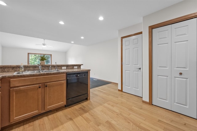 2054 Shortgrass Pl, Marion, IA 52302 - kitchen featuring black dishwasher, light wood-style flooring, brown cabinetry, a ceiling fan, and recessed lighting