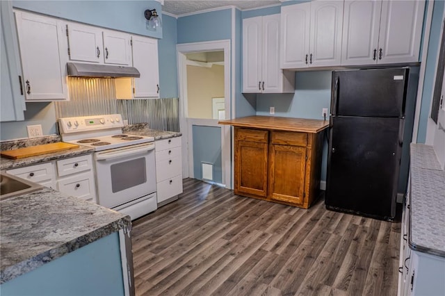 701 Hall Ave, Lowden, IA 52255 - kitchen with freestanding refrigerator, white electric stove, under cabinet range hood, dark wood-type flooring, and white cabinetry