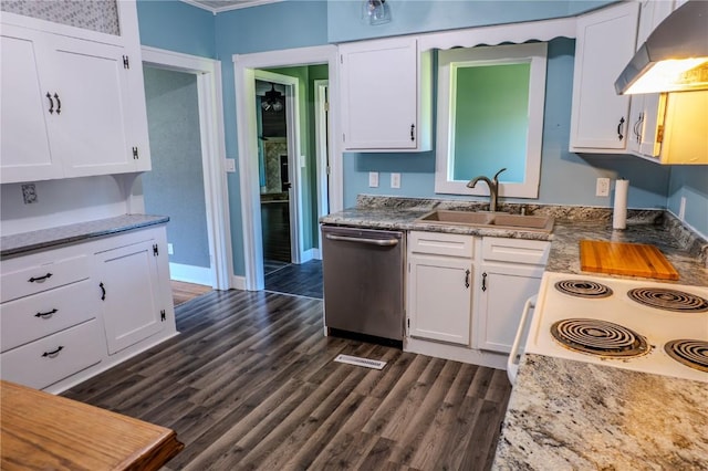 701 Hall Ave, Lowden, IA 52255 - kitchen featuring dishwasher, premium range hood, white cabinetry, dark wood finished floors, and white range with electric cooktop