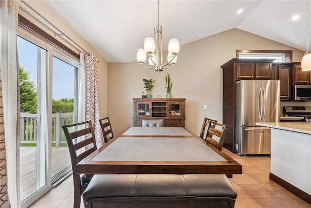8313 Monterey Dr NE, Cedar Rapids, IA 52402 - dining area with light tile patterned floors, a chandelier, lofted ceiling, and recessed lighting