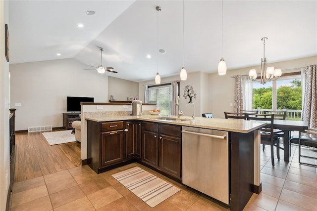 8313 Monterey Dr NE, Cedar Rapids, IA 52402 - kitchen with dishwasher, dark brown cabinetry, open floor plan, lofted ceiling, and a chandelier