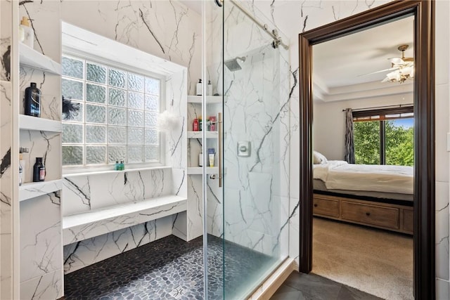 5512 Black Oak Dr NE, Cedar Rapids, IA 52411 - ensuite bathroom featuring a marble finish shower and a ceiling fan