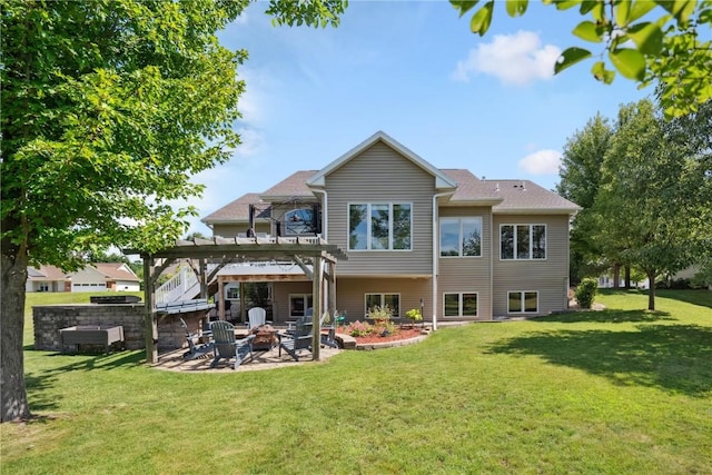 5512 Black Oak Dr NE, Cedar Rapids, IA 52411 - rear view of house with a pergola, a fire pit, a patio area, and a lawn