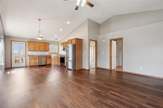 247 Kelso Ln, Fairfax, IA 5228 - kitchen featuring appliances with stainless steel finishes, light countertops, a ceiling fan, high vaulted ceiling, and dark wood-style floors