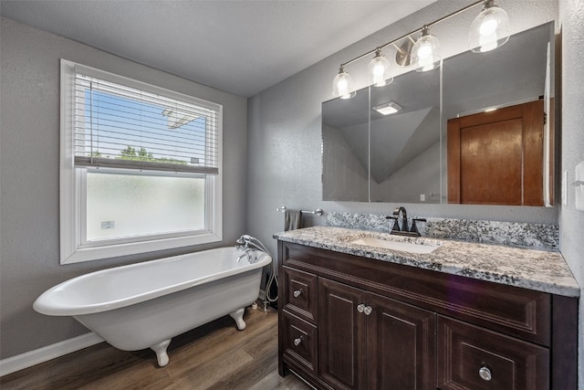 308 Main St, Norway, IA 52318 - bathroom with wood finished floors, a soaking tub, vanity, and a textured wall
