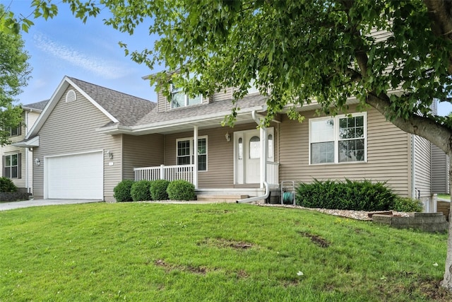965 Hampshire Dr, Marion, IA 52328 - view of front of home featuring a porch, an attached garage, a front lawn, a shingled roof, and concrete driveway