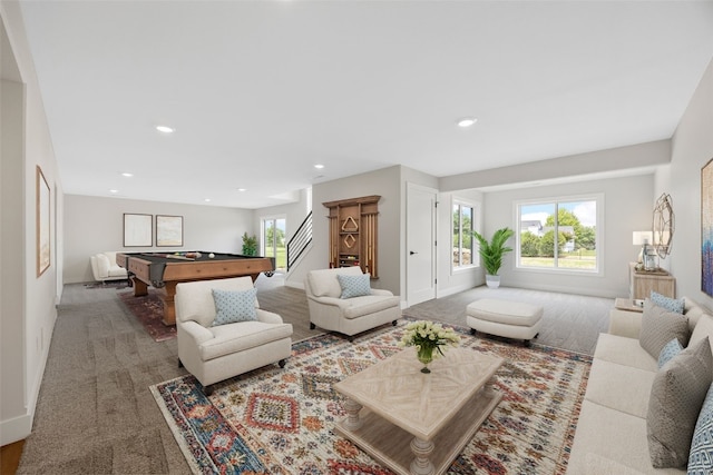 4018 Peridot Dr, Marion, IA 52302 - carpeted living area featuring pool table, recessed lighting, and stairs