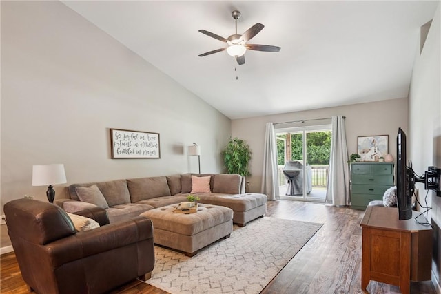 3016 Sherwood Dr, Marion, IA 52302 - living room featuring ceiling fan, wood finished floors, and high vaulted ceiling
