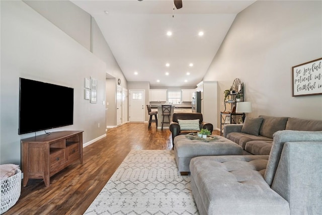 3016 Sherwood Dr, Marion, IA 52302 - living room featuring a ceiling fan, high vaulted ceiling, dark wood-type flooring, and recessed lighting