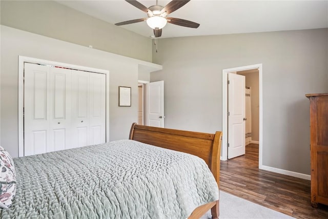 3016 Sherwood Dr, Marion, IA 52302 - bedroom featuring a closet, lofted ceiling, wood finished floors, and ceiling fan