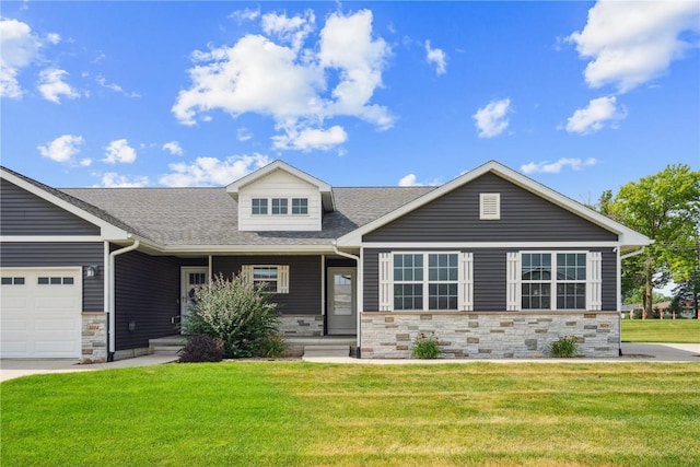 3016 Sherwood Dr, Marion, IA 52302 - view of front facade with stone siding, a front yard, a garage, a shingled roof, and a porch