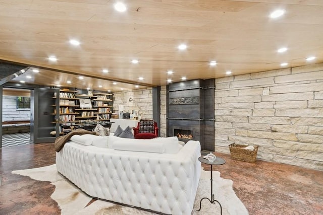 404 Brown St, Iowa City, IA 52245 - living room with wooden ceiling, a large fireplace, and recessed lighting