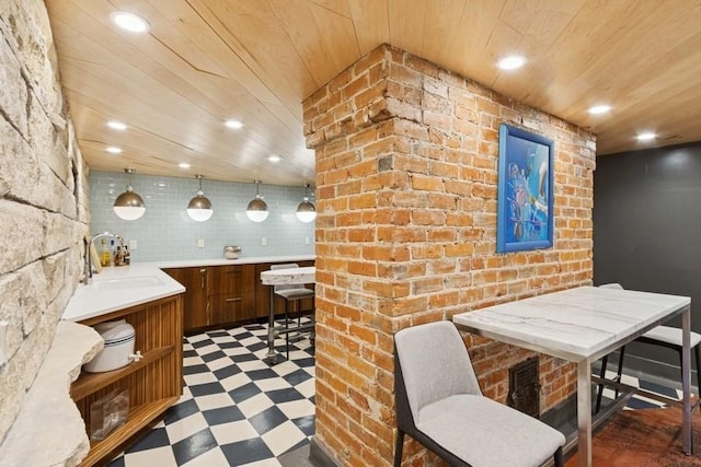 404 Brown St, Iowa City, IA 52245 - bathroom featuring wooden ceiling, tile patterned floors, recessed lighting, and vanity