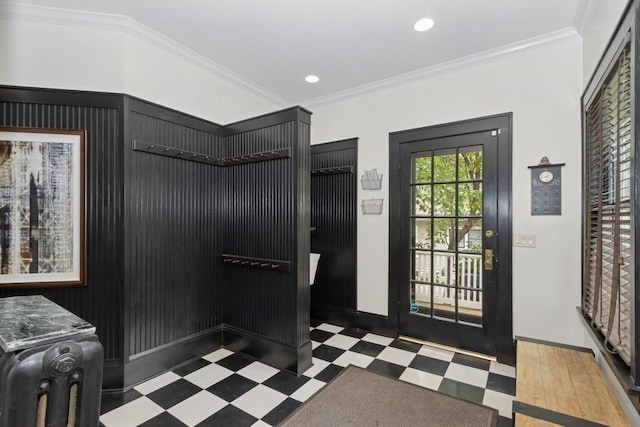 404 Brown St, Iowa City, IA 52245 - foyer entrance featuring tile patterned floors, recessed lighting, and ornamental molding