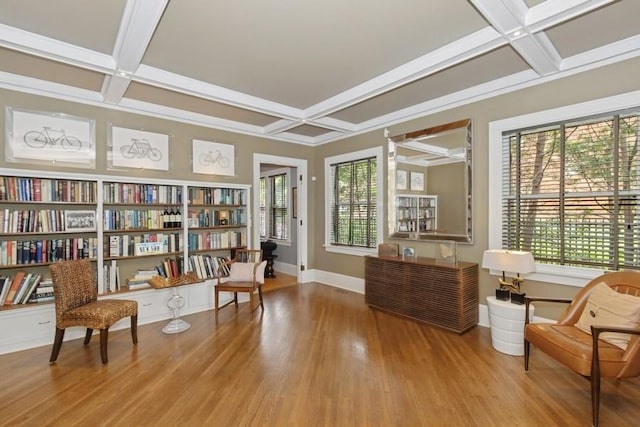 404 Brown St, Iowa City, IA 52245 - living area with coffered ceiling, healthy amount of natural light, wood finished floors, and beamed ceiling