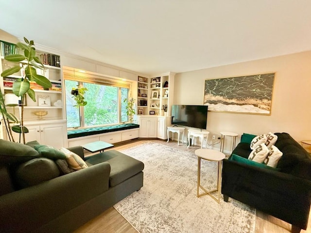 104 Oberlin St, Iowa City, IA 52245 - living room featuring wood finished floors and built in shelves
