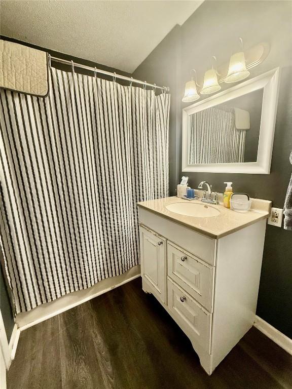507 Maplewood Dr, Center Point, IA 52213 - full bath featuring vanity, wood finished floors, a shower with curtain, and a textured ceiling