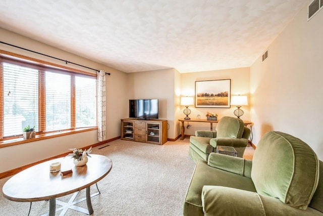 1595 17th Ave, Marion, IA 52302 - carpeted living room featuring a textured ceiling and baseboards