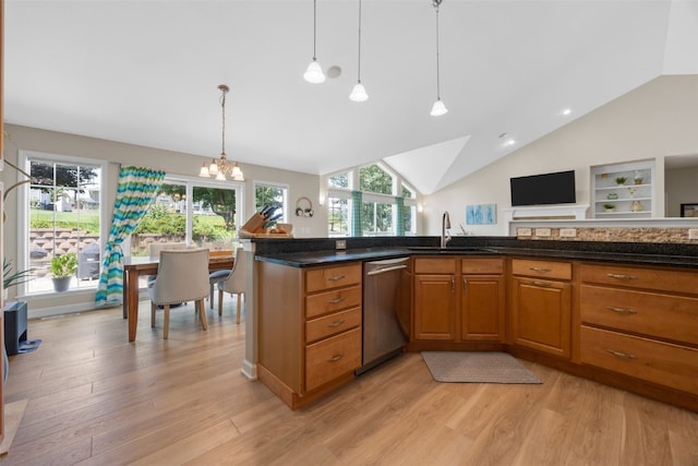 422 Rock Ridge Rd NW, Cedar Rapids, IA 52405 - kitchen featuring dishwasher, vaulted ceiling, light wood finished floors, a chandelier, and brown cabinetry