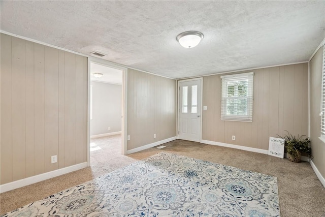100 W Short St, Solon, IA 52333 - foyer entrance with carpet, a textured ceiling, and wood walls