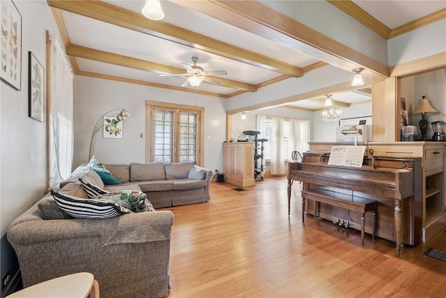 1727 Grande Ave SE, Cedar Rapids, IA 52403 - living area featuring light wood-style floors, beam ceiling, a chandelier, crown molding, and ceiling fan