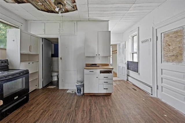 205 E Main St, Lisbon, IA 52253 - kitchen with black electric range, dark wood-style flooring, and white cabinetry