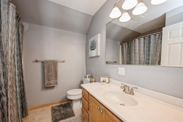 2654 Mulberry Ct, Marion, IA 52302 - bathroom featuring vaulted ceiling, vanity, tile patterned flooring, and a shower with shower curtain