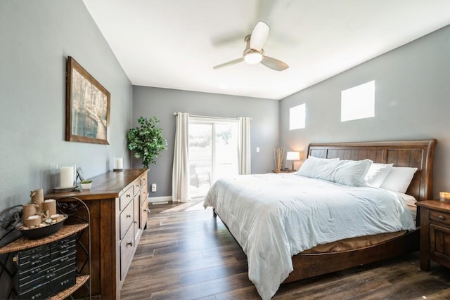 2654 Mulberry Ct, Marion, IA 52302 - bedroom with dark wood finished floors, access to exterior, and ceiling fan