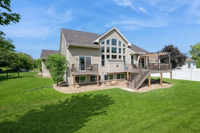 2654 Mulberry Ct, Marion, IA 52302 - back of property featuring stairway, roof with shingles, a fenced backyard, and a deck