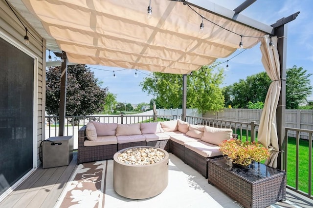 2654 Mulberry Ct, Marion, IA 52302 - wooden terrace with an outdoor hangout area, a fenced backyard, and a pergola