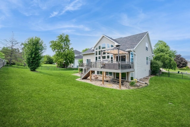 2654 Mulberry Ct, Marion, IA 52302 - rear view of house with a wooden deck, stairway, a fenced backyard, and a shingled roof
