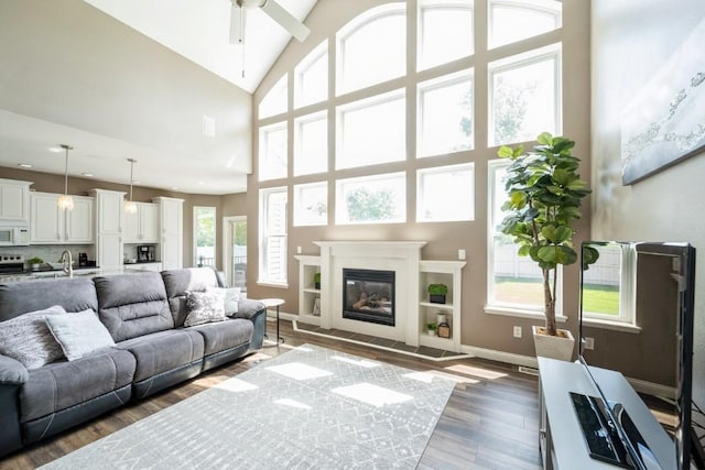 2654 Mulberry Ct, Marion, IA 52302 - living room with dark wood-style floors, a ceiling fan, healthy amount of natural light, and a high ceiling