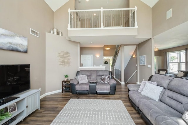 2654 Mulberry Ct, Marion, IA 52302 - living room with high vaulted ceiling and dark wood finished floors