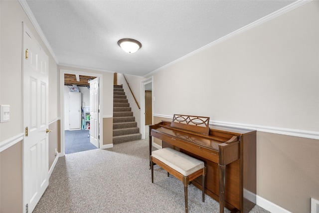 906 29th St NW, Cedar Rapids, IA 52405 - carpeted dining space featuring stairs, a textured ceiling, and crown molding