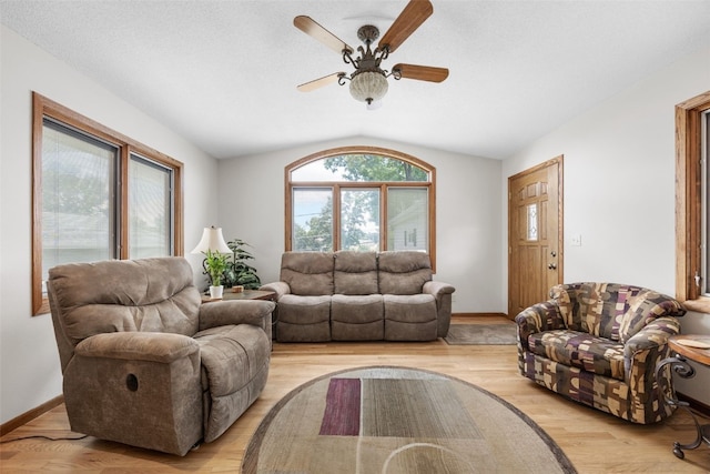 906 29th St NW, Cedar Rapids, IA 52405 - living area with vaulted ceiling, a ceiling fan, and light wood-style floors