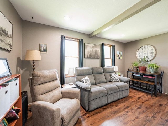 1 E Jefferson Ave S, Urbana, IA 52345 - living area with wood finished floors, beam ceiling, and recessed lighting