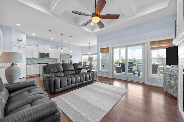 605 Alexis Ln, Marion, IA 52302 - living room featuring coffered ceiling, ceiling fan, recessed lighting, ornamental molding, and beamed ceiling