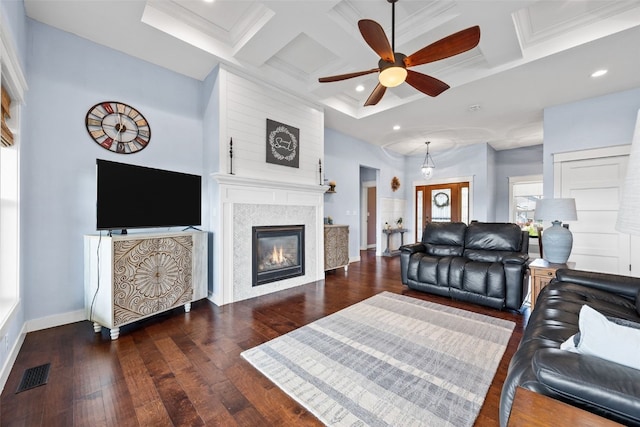 605 Alexis Ln, Marion, IA 52302 - living area with coffered ceiling, ceiling fan, recessed lighting, hardwood / wood-style floors, and a fireplace