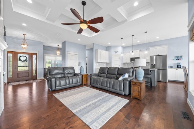 605 Alexis Ln, Marion, IA 52302 - living area featuring coffered ceiling, a ceiling fan, recessed lighting, dark wood finished floors, and beam ceiling
