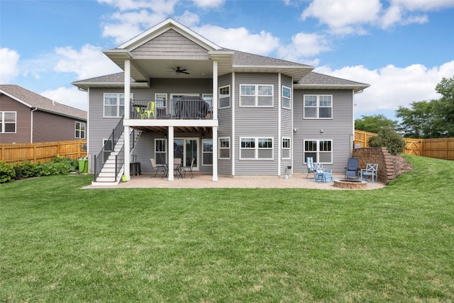 605 Alexis Ln, Marion, IA 52302 - rear view of property featuring stairs, a ceiling fan, an outdoor fire pit, a patio area, and roof with shingles